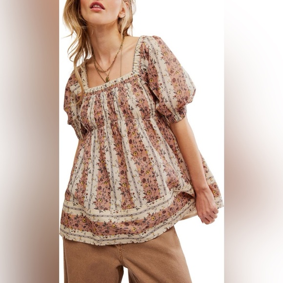 Free People Vintage Lover Cotton Top in Adobe Rose Combo - Size M - Picture 1 of 7